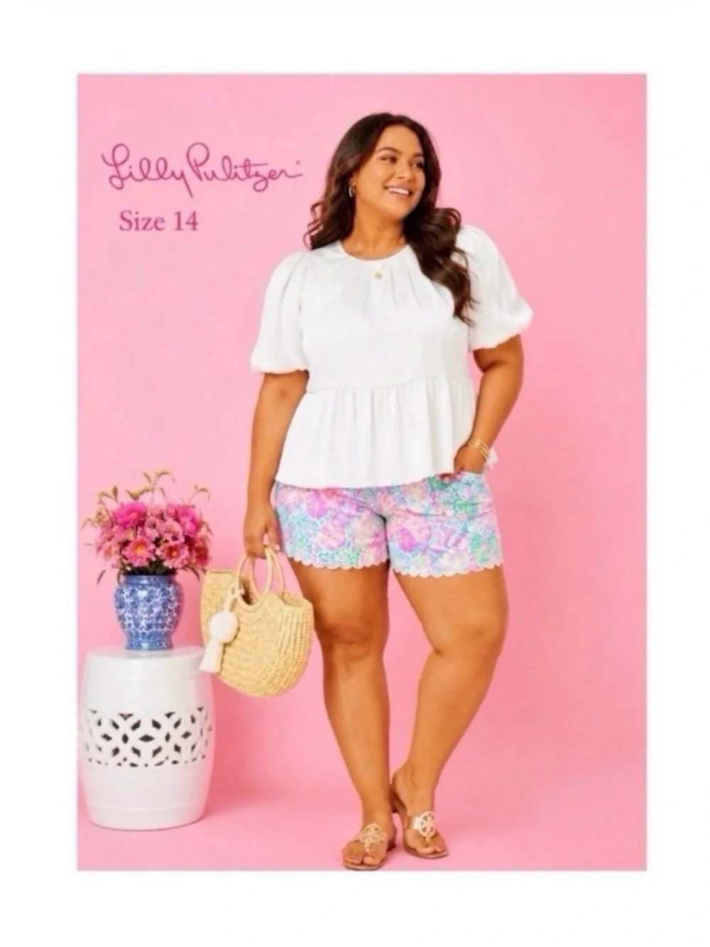 LILLY PULITZER Ivory Silky Satin Peplum Blouse Size 14